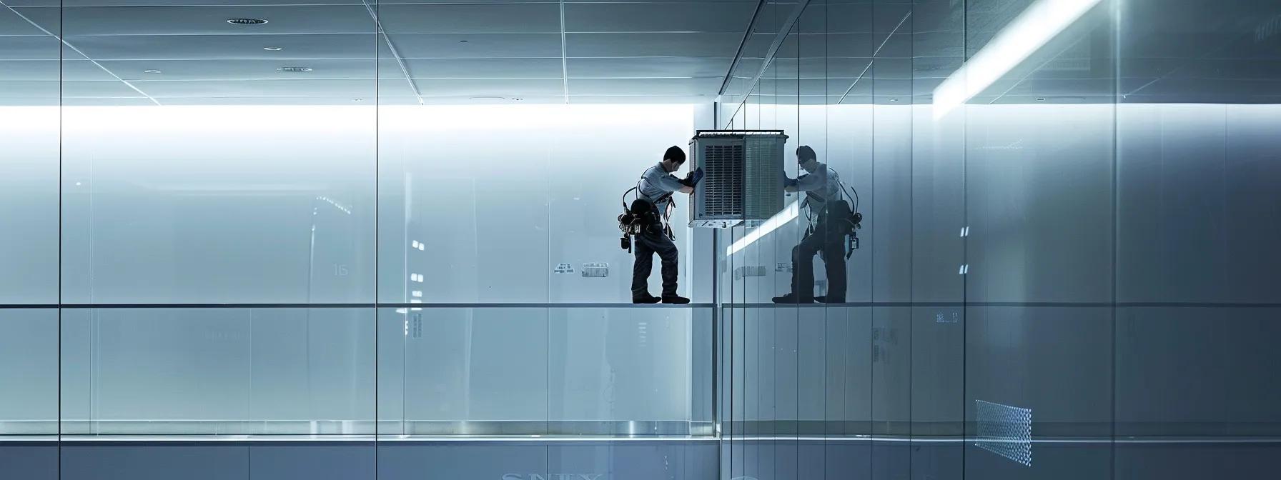 a professional hvac technician meticulously installs a sleek split system air conditioning unit on a modern office wall, showcasing precise alignment and strategic positioning against a backdrop of contemporary urban interior design.