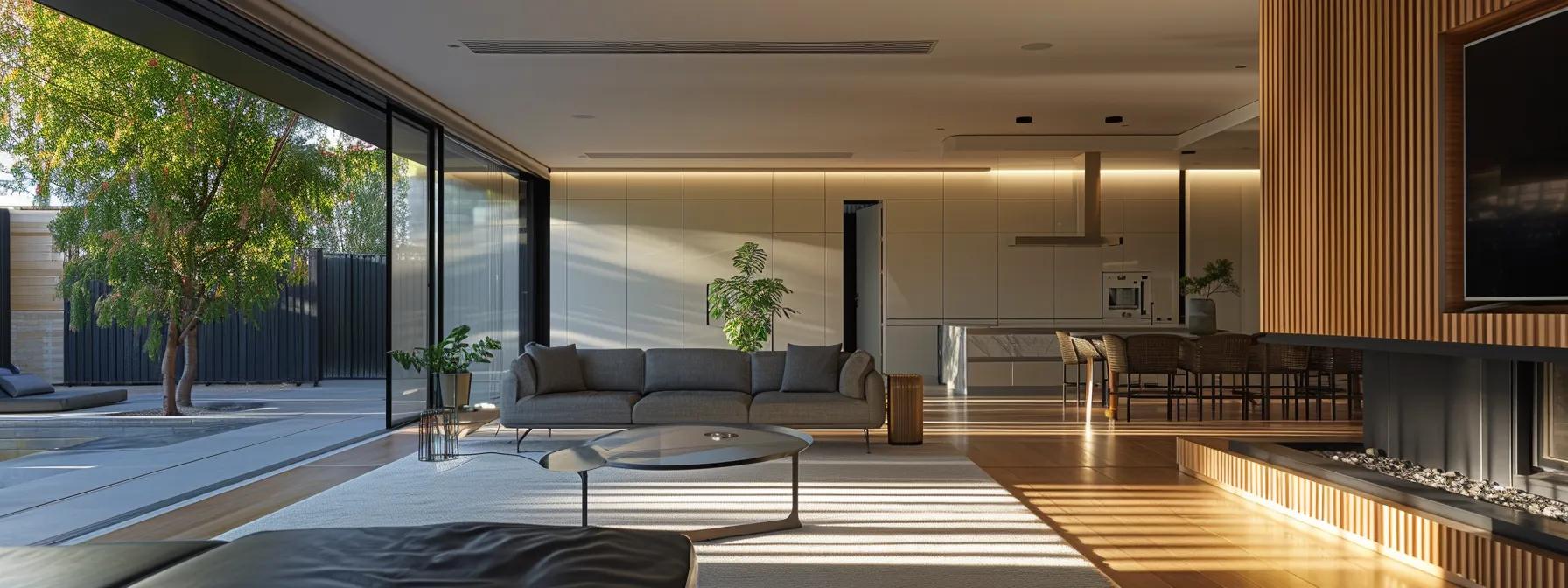 a sleek, modern interior of a hawthorne property showcases stylish split system air conditioning units mounted on elegant walls, highlighting energy-efficient technology with minimalistic design and a serene ambience.
