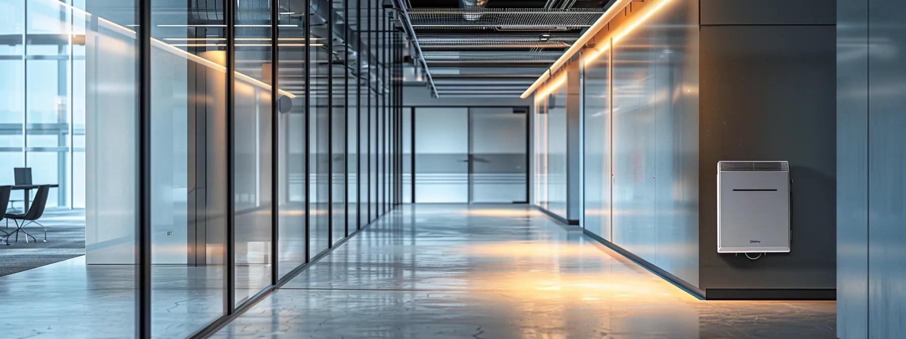 a sleek, modern split system air conditioning unit is prominently displayed on a stylish, minimalistic wall within a contemporary office space, showcasing its efficient design and functionality.