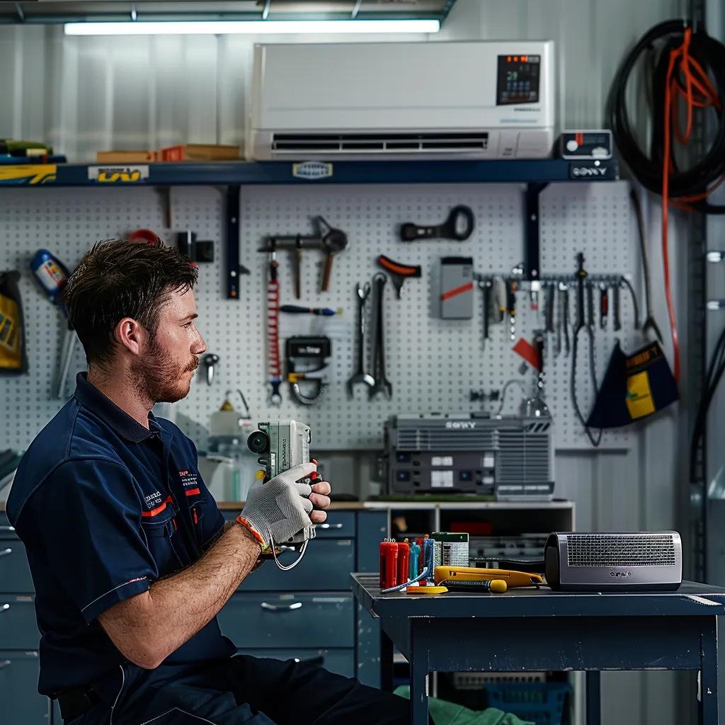 a skilled technician examining a modern air conditioning unit in a clean, well-lit carindale workshop, showcasing the intricate details of the cooling system and tools arranged neatly on a workbench.