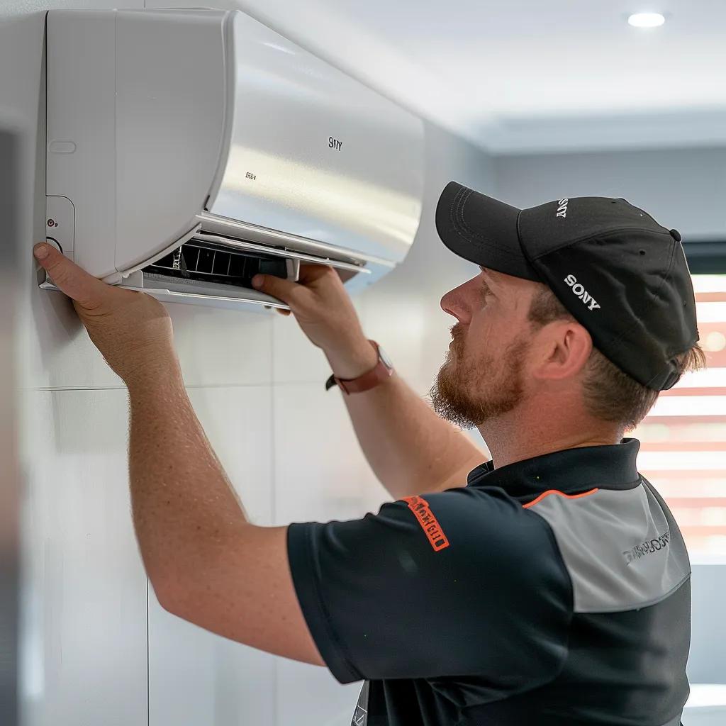 a skilled technician in a modern, well-equipped indoor environment inspects a sleek air conditioning unit, showcasing expertise and precision in air conditioning repair for homeowners in bulimba.