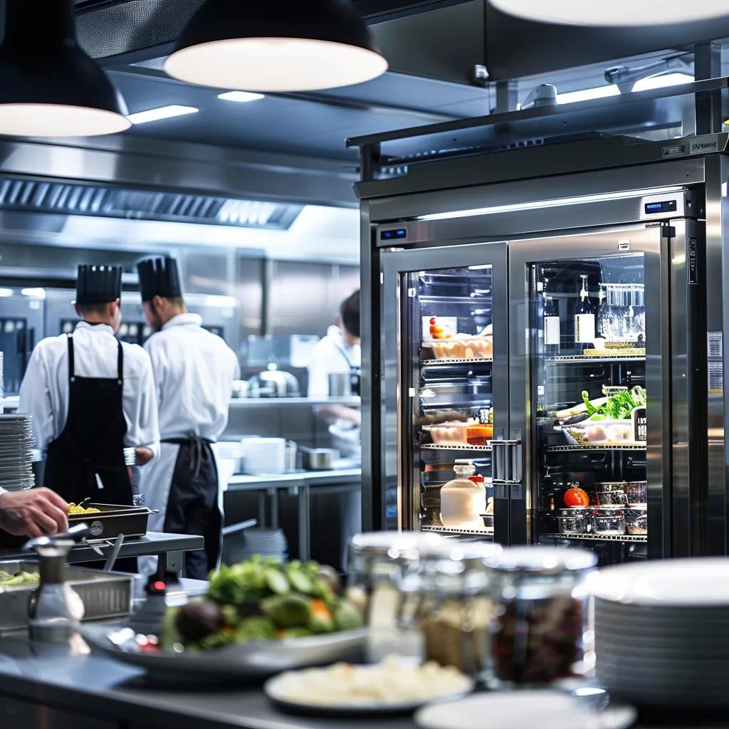 a sleek, modern commercial refrigeration unit is prominently displayed in a bright, bustling kitchen environment, showcasing its polished stainless steel surface and advanced digital interface against a backdrop of busy chefs preparing gourmet dishes.
