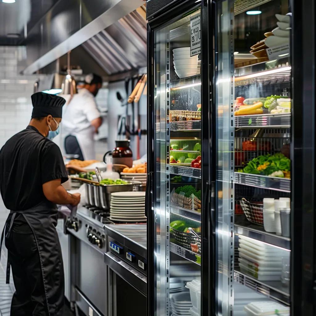 a sleek, modern commercial refrigeration unit stands prominently in a bustling urban kitchen, with stainless steel surfaces reflecting the vibrant activity of chefs preparing gourmet dishes.