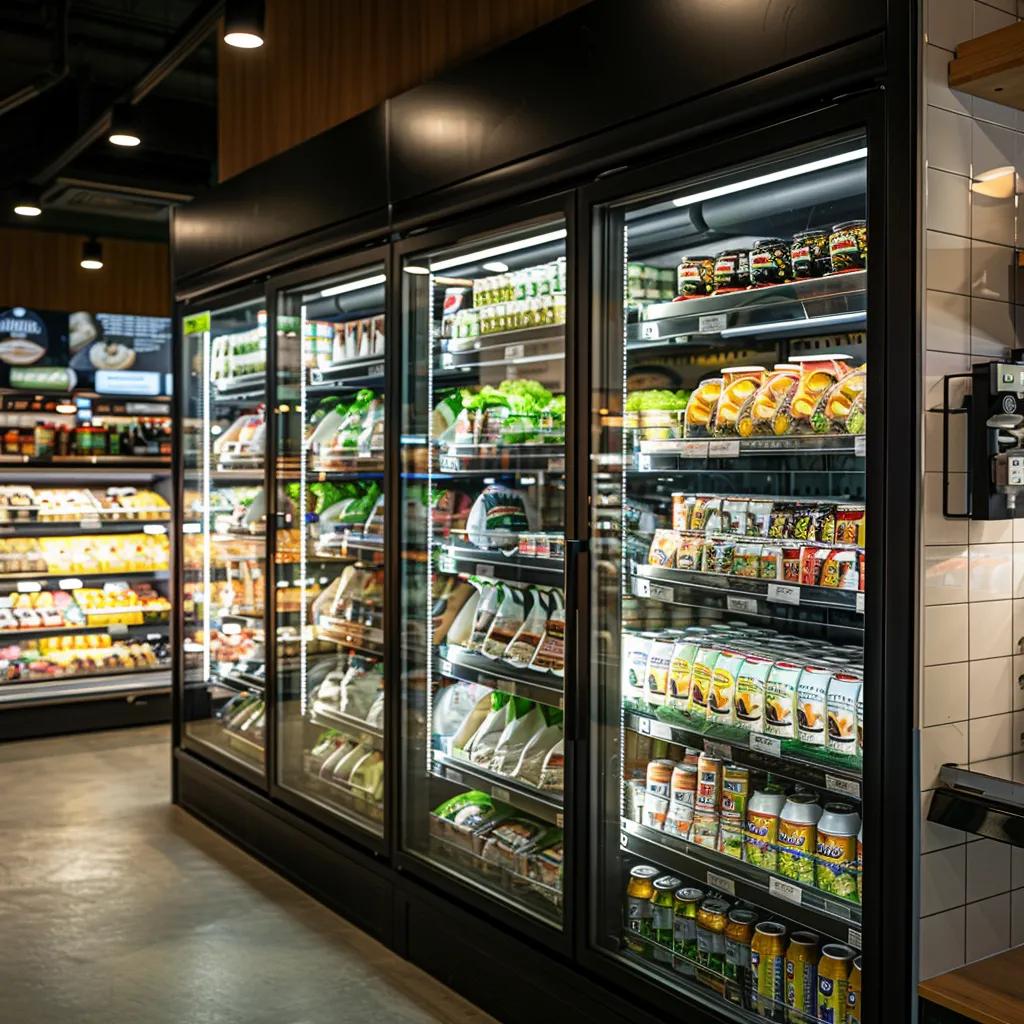 a sleek, modern commercial refrigeration unit stands prominently in a bustling bulimba grocery store, showcasing an array of vibrant, chilled products under bright, sharp led lighting, conveying efficiency and freshness in an urban retail environment.