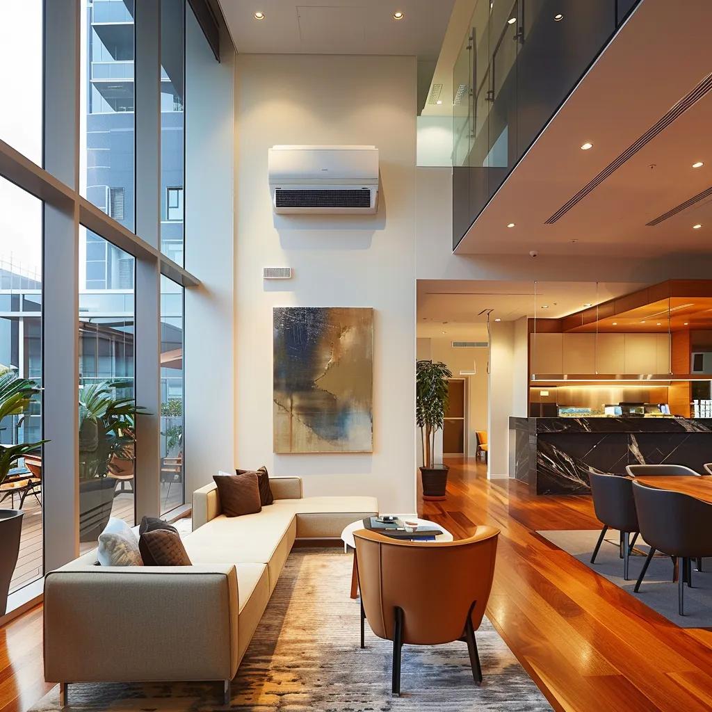 a sleek, modern living room showcases a stylish split system air conditioning unit mounted on a pristine wall, reflecting a balance of comfort and contemporary design in a well-lit, urban interior setting.