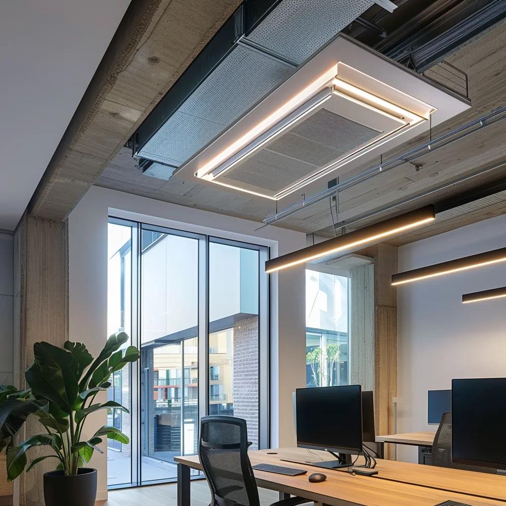 a sleek, modern office featuring a stylish ducted air conditioning system elegantly integrated into the ceiling, with cool, ambient lighting casting a polished glow over contemporary furniture and technology.