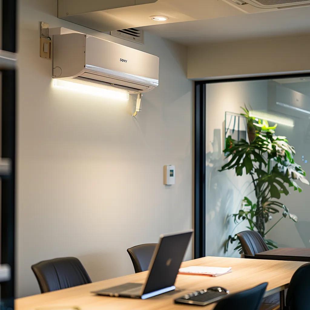 a sleek, modern office setting features a stylish split system air conditioning unit elegantly mounted on the wall, casting a cool, ambient glow that enhances the contemporary decor and emphasizes a comfortable, productivity-focused environment.