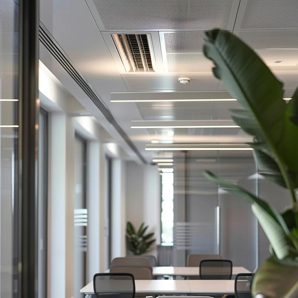 a sleek, modern office space showcases a sophisticated ducted air conditioning system integrated into a stylish ceiling, exuding a sense of comfort and contemporary design under warm ambient lighting.
