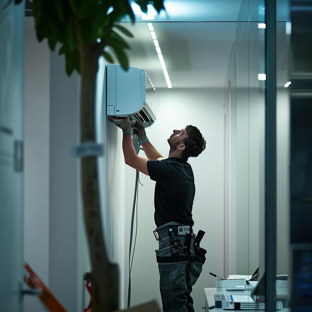 a sleek, modern office space showcases a technician expertly installing a high-efficiency air conditioning unit on a stylish wall, illuminated by bright artificial lighting that highlights the precision of the installation process.