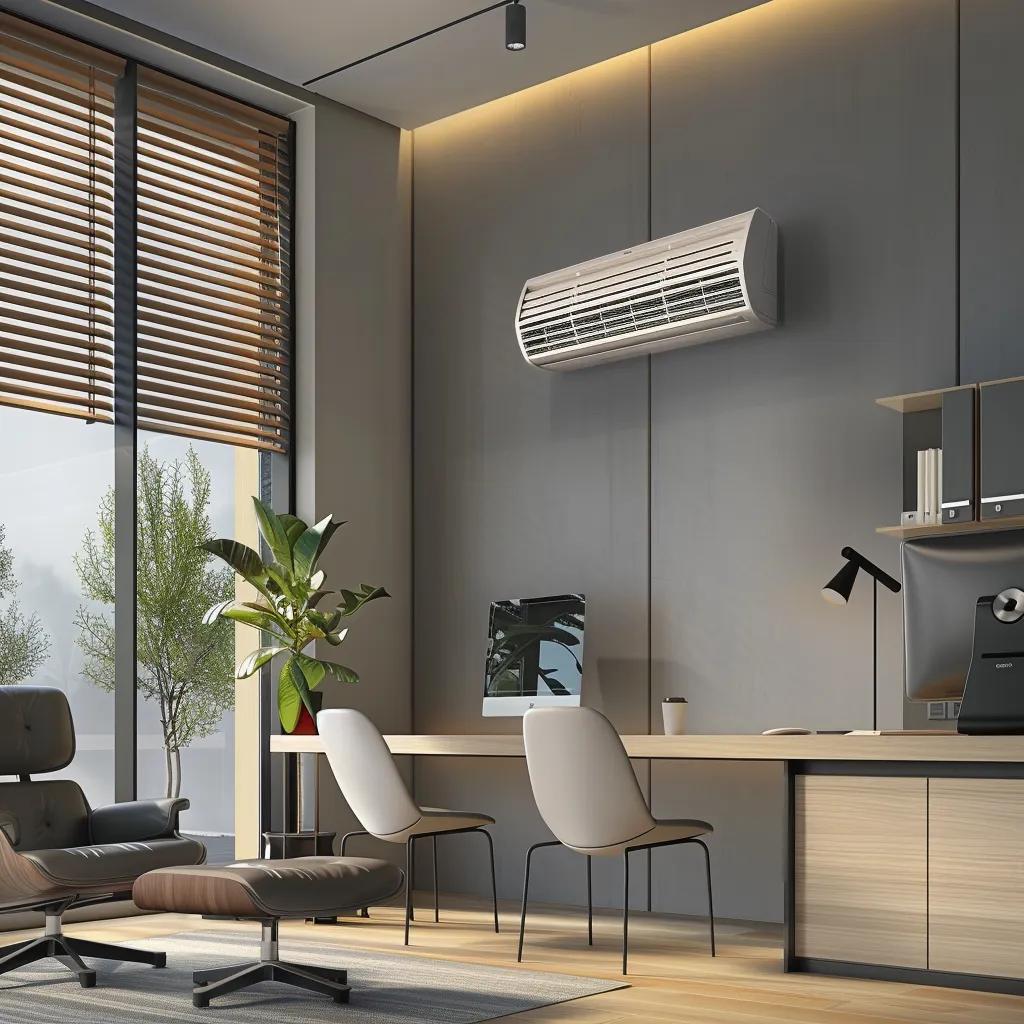 a sleek, modern office space showcases a high-efficiency split system air conditioning unit mounted on the wall, exuding a sense of comfort and innovation with its clean lines and sophisticated design against a stylish backdrop of contemporary furniture and muted color tones.