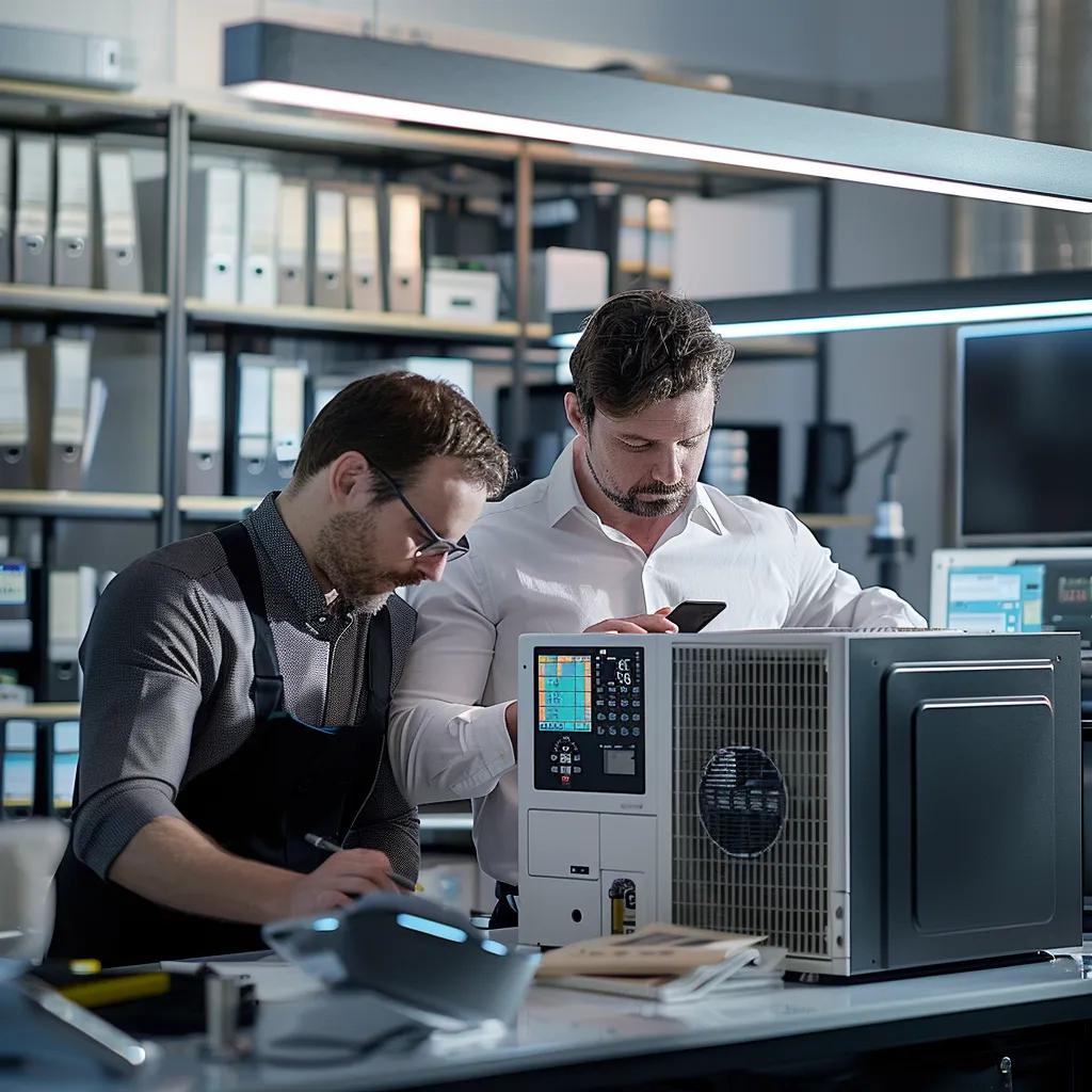 a technician in a modern office environment inspects a sleek air conditioning unit, surrounded by tools and diagnostic equipment, with a digital display showing temperature readings in the background.