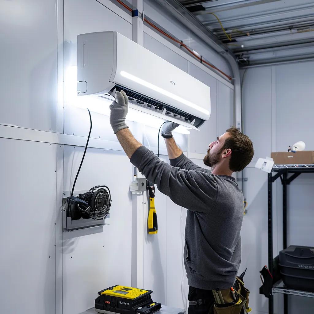 an industrial-style office space showcases a professional air conditioning technician confidently installing a sleek, modern unit on a clean white wall, with tools and equipment neatly arranged around them, illuminated by bright, overhead fluorescent lighting.